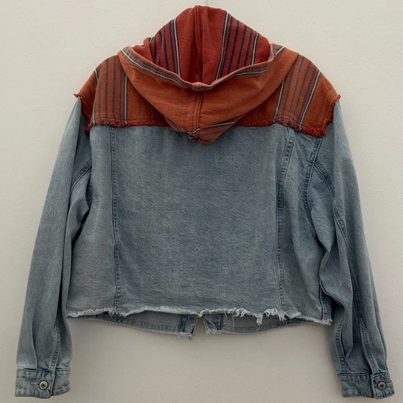 Free People Oversized Baja Mixed-Media Hooded Denim Jacket - Size Small - Picture 10 of 13